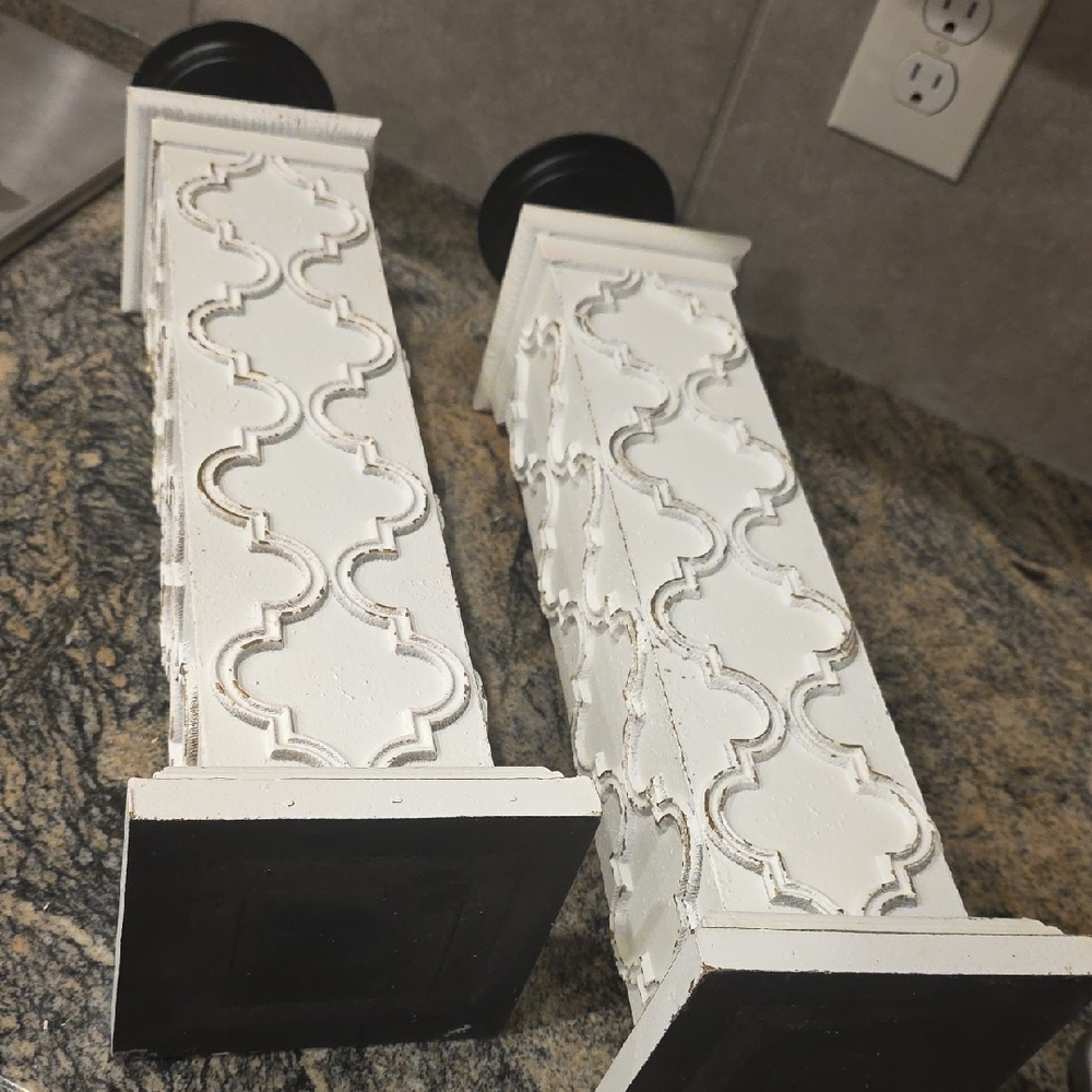 Distressed White Carved Pillar Candle Holders with Black Accents - Pair - Picture 2 of 8